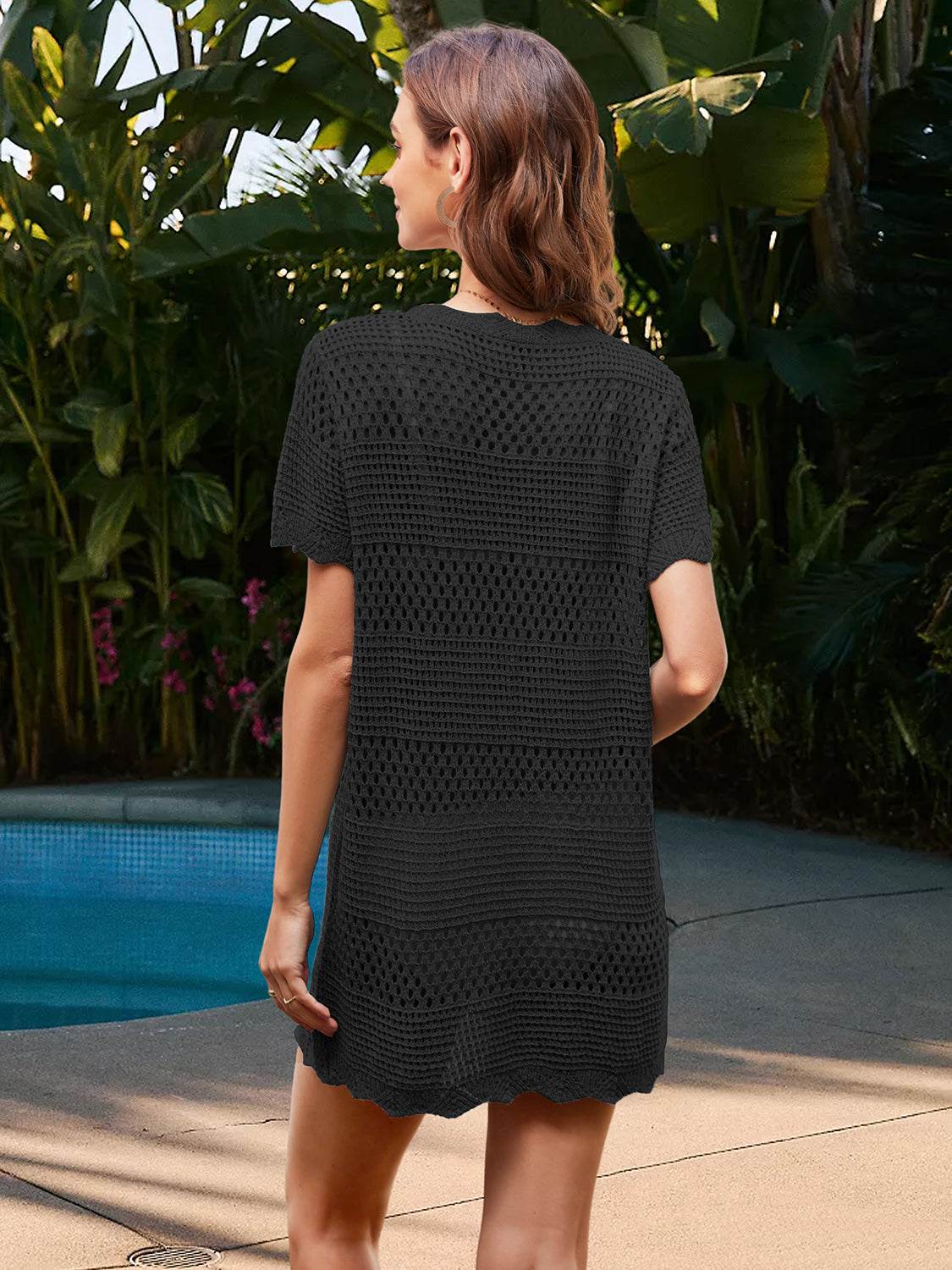 Openwork Round Neck Short Sleeve Cover-UP - Hovatok