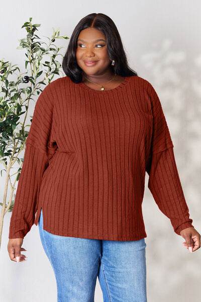 Basic Bae Full Size Ribbed Round Neck Slit Knit Top - Hovatok