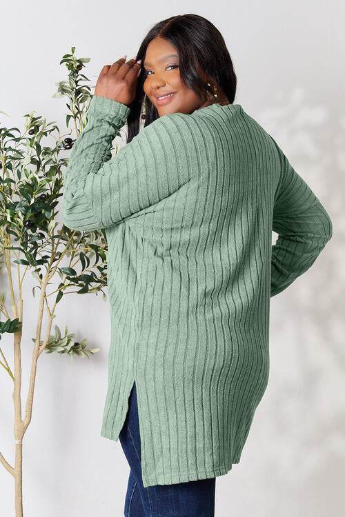 Basic Bae Full Size Ribbed Round Neck Long Sleeve Slit Top - Hovatok