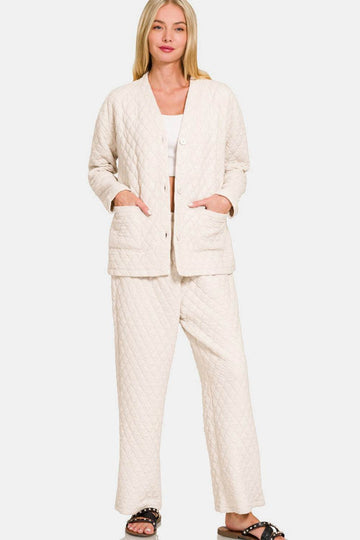 Zenana Quilted Button Up Long Sleeve Top and Pants Lounge Set - Hovatok
