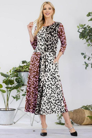 Celeste Full Size Leopard Color Block Front Tie Midi Dress Plus Size - Hovatok