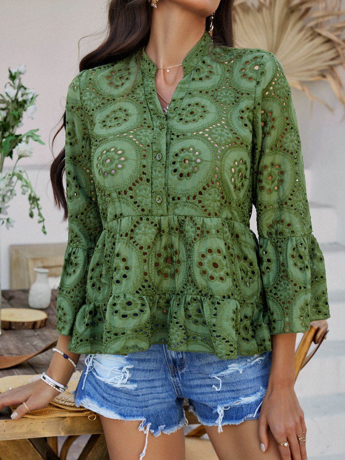 Devine Half Button Flounce Sleeve Peplum Blouse - Hovatok