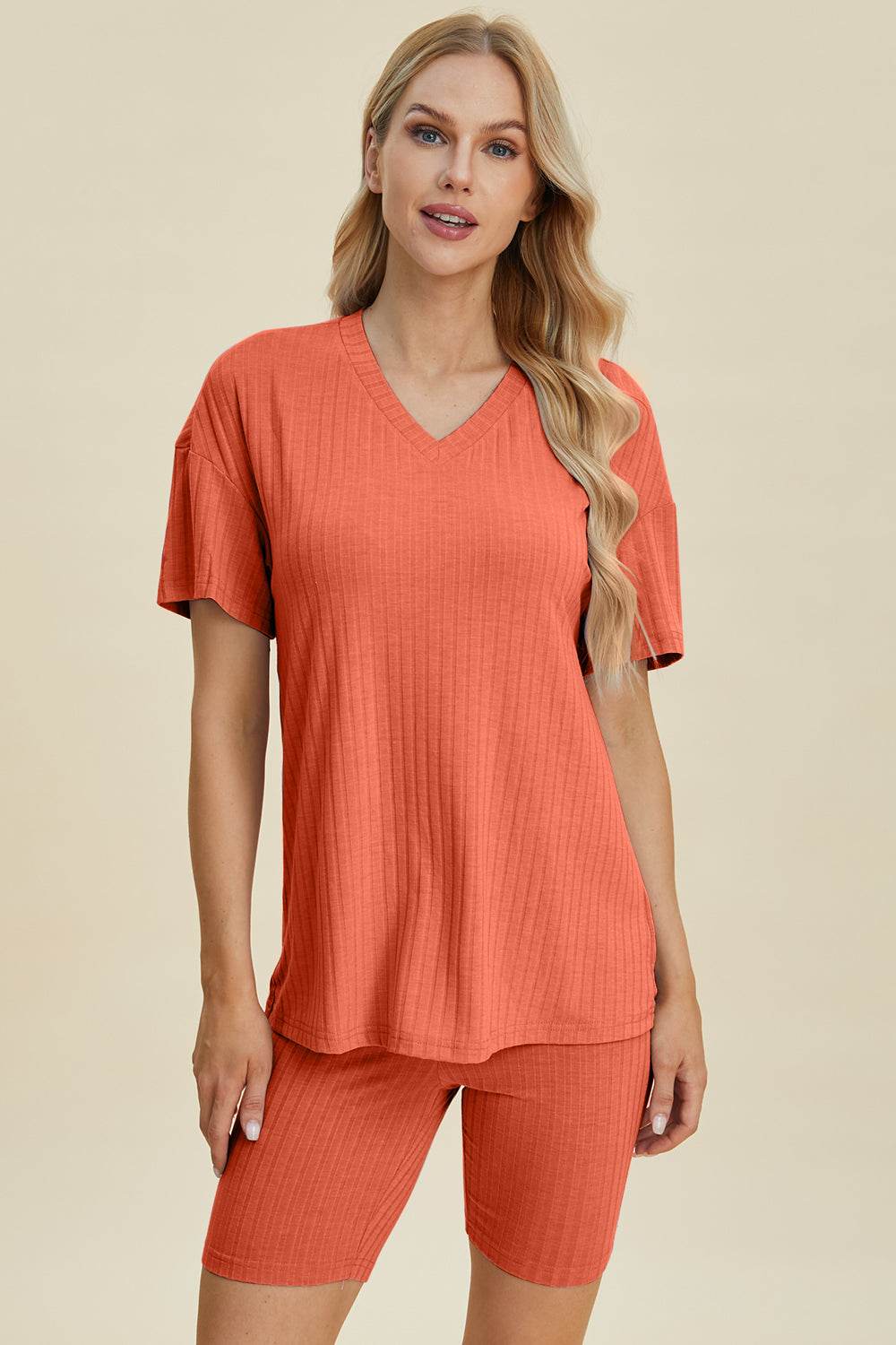 Basic Bae Full Size Ribbed V-Neck Short Sleeve Top and Shorts Set - Hovatok
