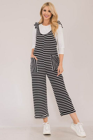 Celeste Full Size Striped Scoop Neck Overalls with Pockets - Hovatok