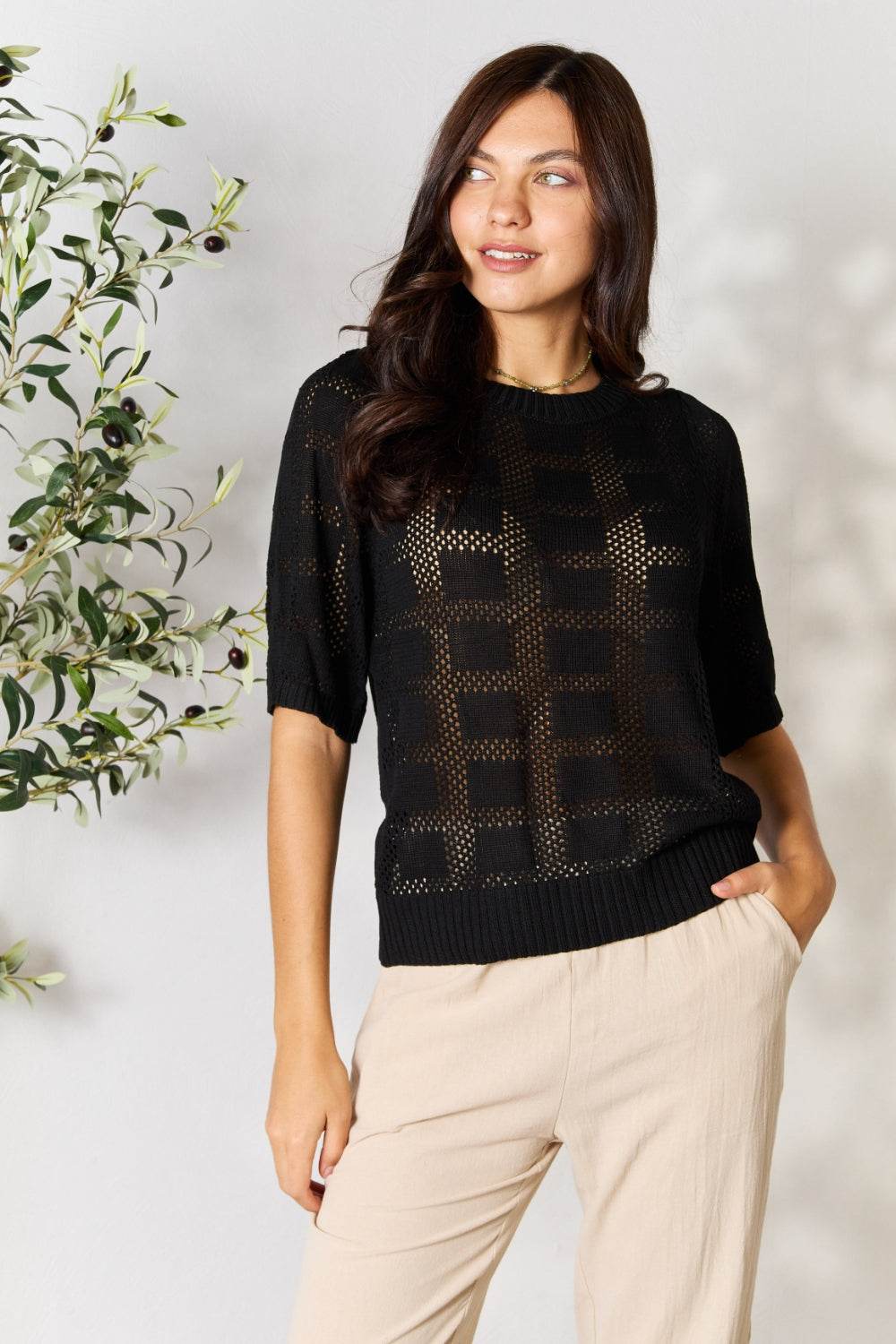 Mandy Ribbed Trim Round Neck Knit Top - Hovatok