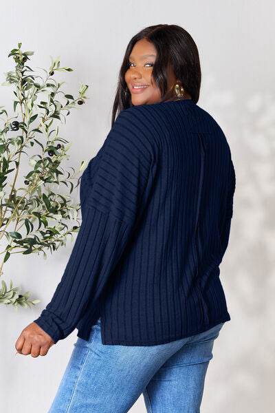 Basic Bae Full Size Ribbed Round Neck Slit Knit Top - Hovatok
