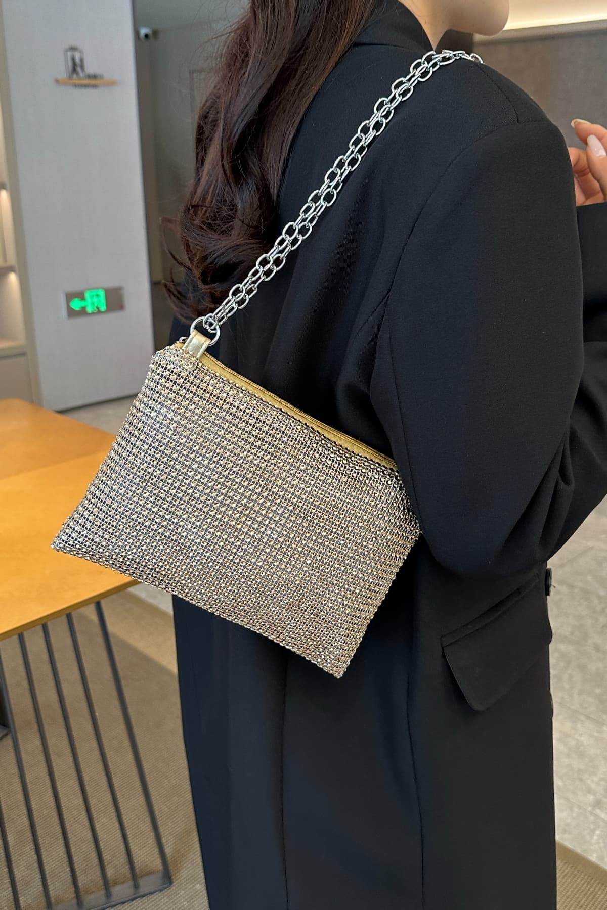 Rhinestone Polyester Chain Crossbody Bag - Hovatok