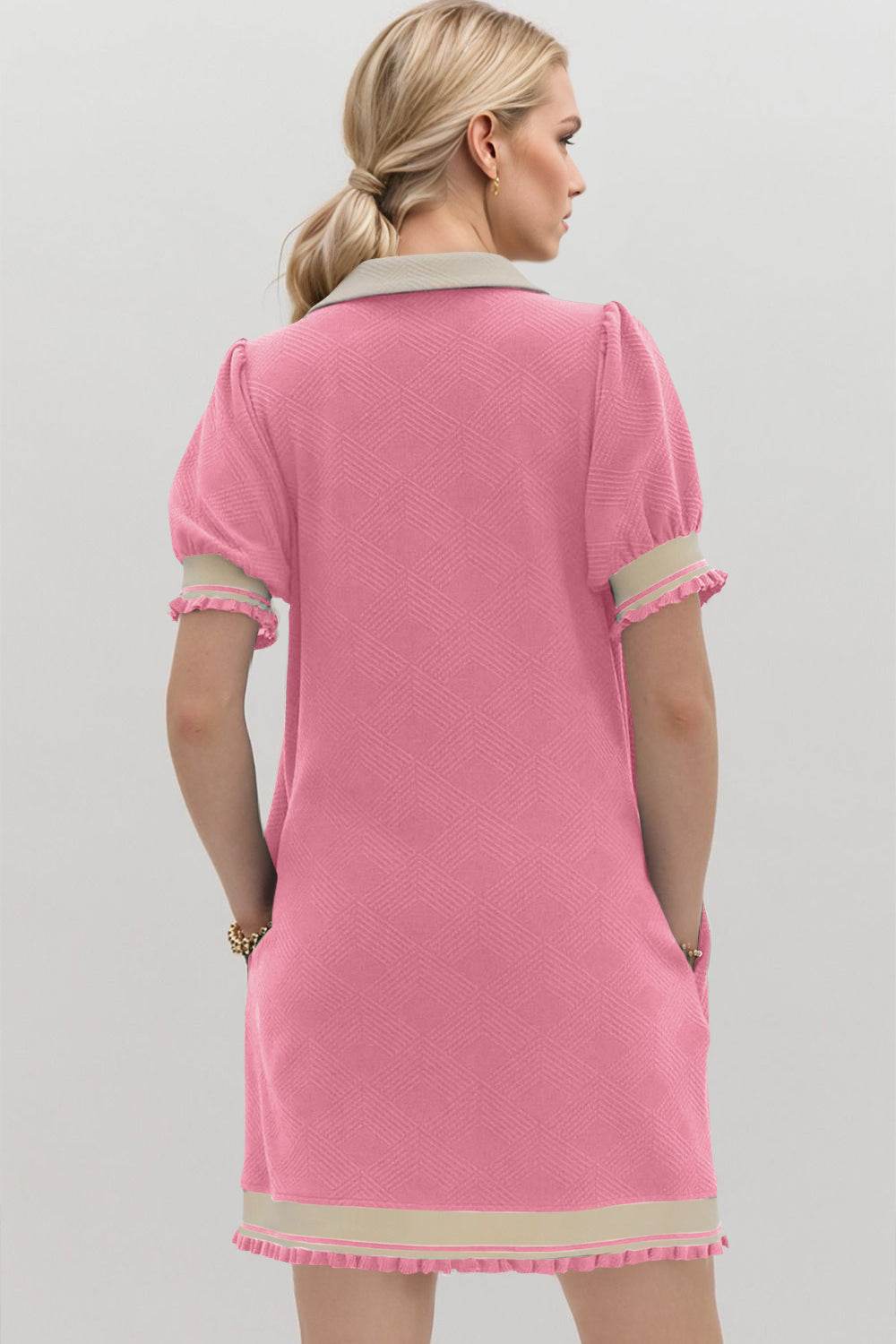 Oh Frill Contrast Trim Johnny Collar Short Sleeve Mini Dress - Hovatok