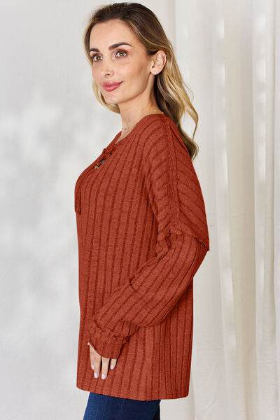 Basic Bae Full Size Ribbed Half Button Long Sleeve T-Shirt - Hovatok