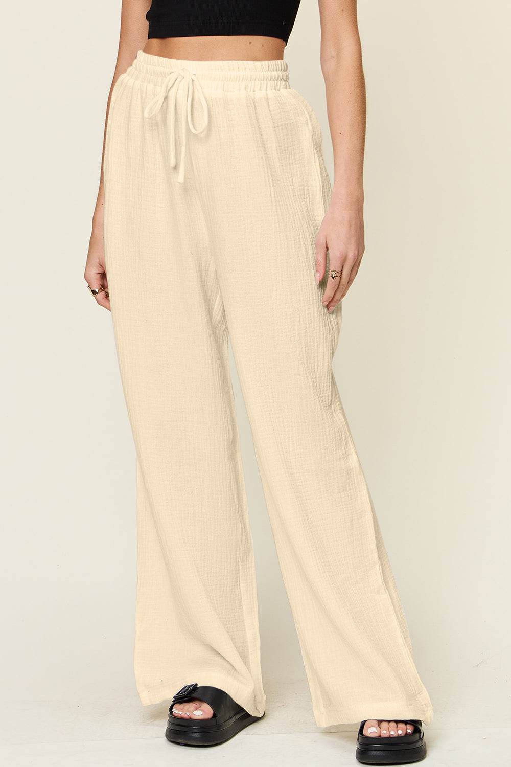 Double Take Full Size Texture Drawstring Wide Leg Pants - Hovatok