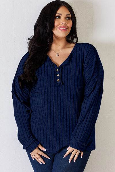 Basic Bae Full Size Ribbed Half Button Long Sleeve T-Shirt - Hovatok