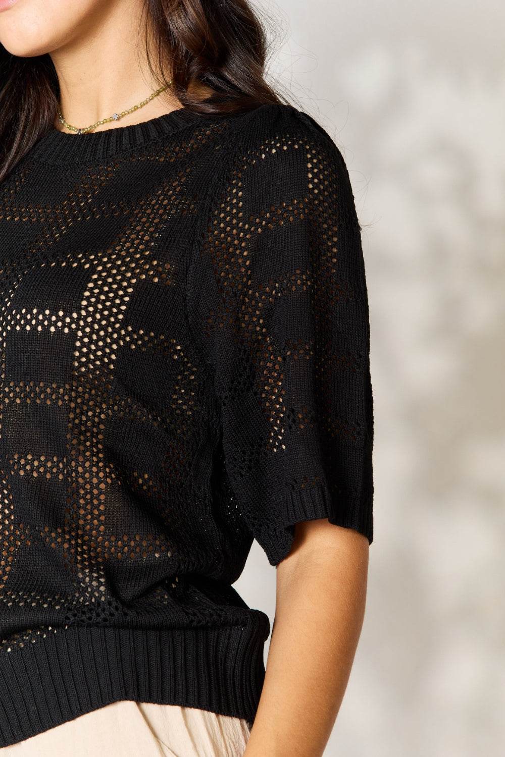 Mandy Ribbed Trim Round Neck Knit Top - Hovatok