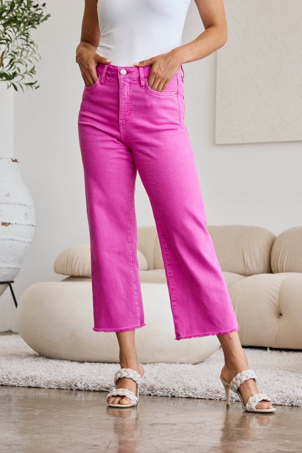 RFM Crop Chloe Full Size Tummy Control High Waist Raw Hem Jeans - Hovatok