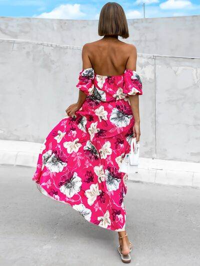 Pleated Floral Off-Shoulder Short Sleeve Midi Dress - Hovatok
