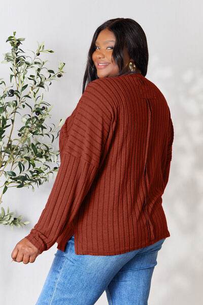 Basic Bae Full Size Ribbed Round Neck Slit Knit Top - Hovatok