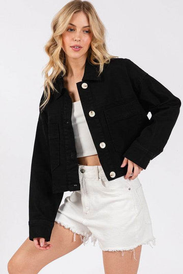 bytos Button Down Cropped Denim Jacket with Patch Pockets - Hovatok