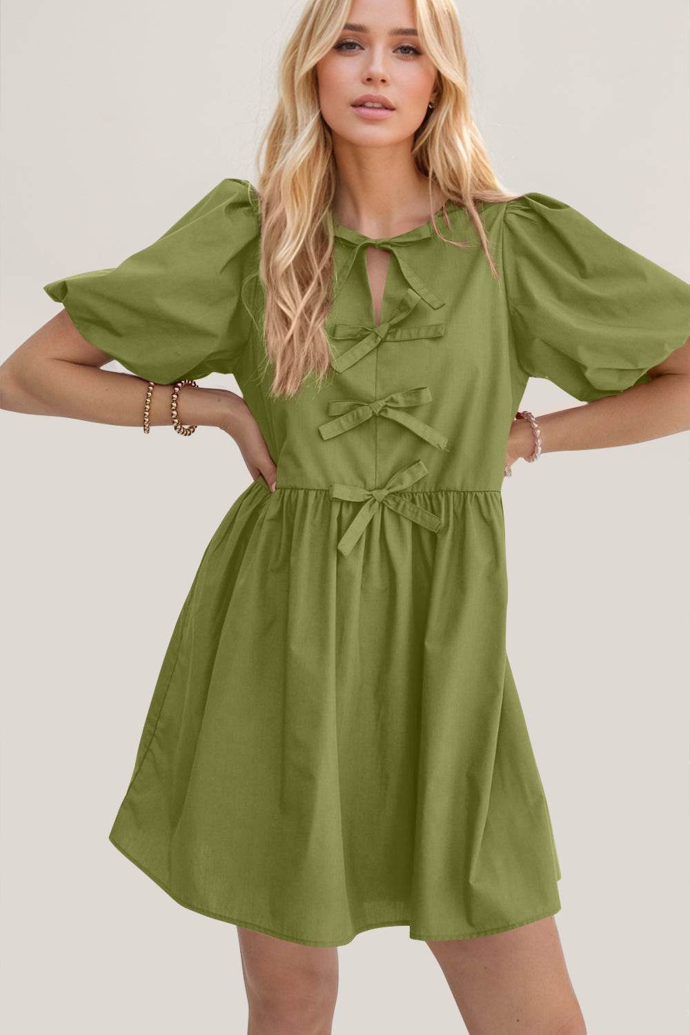 Oh Bow Ruched Puff Sleeve Mini Dress - Hovatok