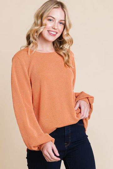 BOMBOM Long Sleeve Curved Hem Ribbed T-Shirt - Hovatok