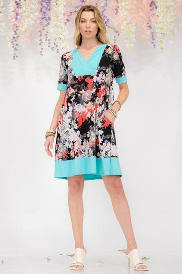 Celeste Full Size Floral Surplice Short Sleeve Dress with Pockets Plus Size - Hovatok
