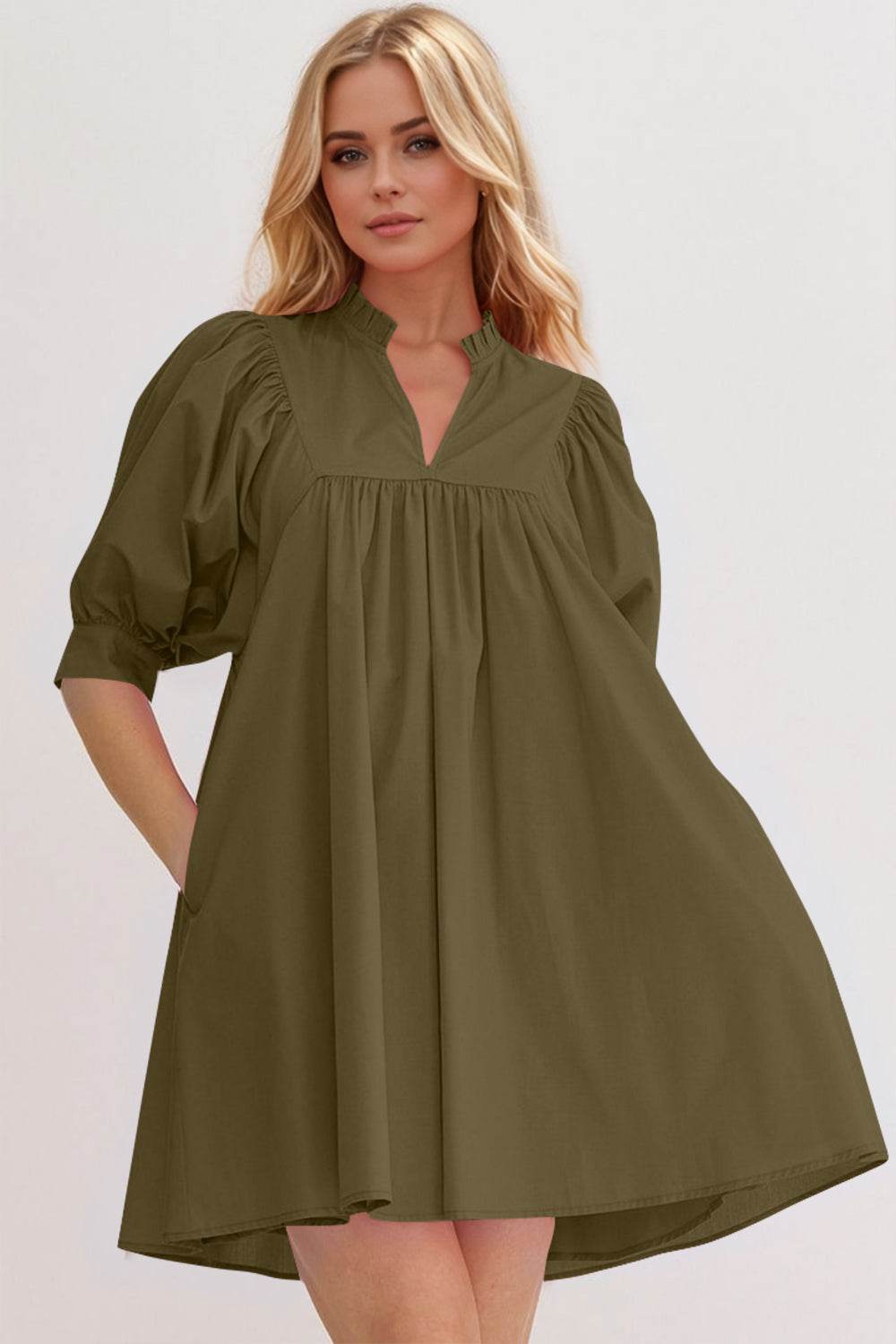 Oh Frill Notched Puff Sleeve Babydoll Mini Dress - Hovatok