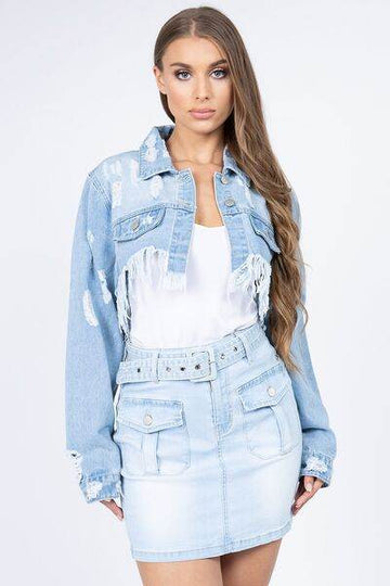American Bazi Distressed Denim Jacket with Frayed Hem - Hovatok