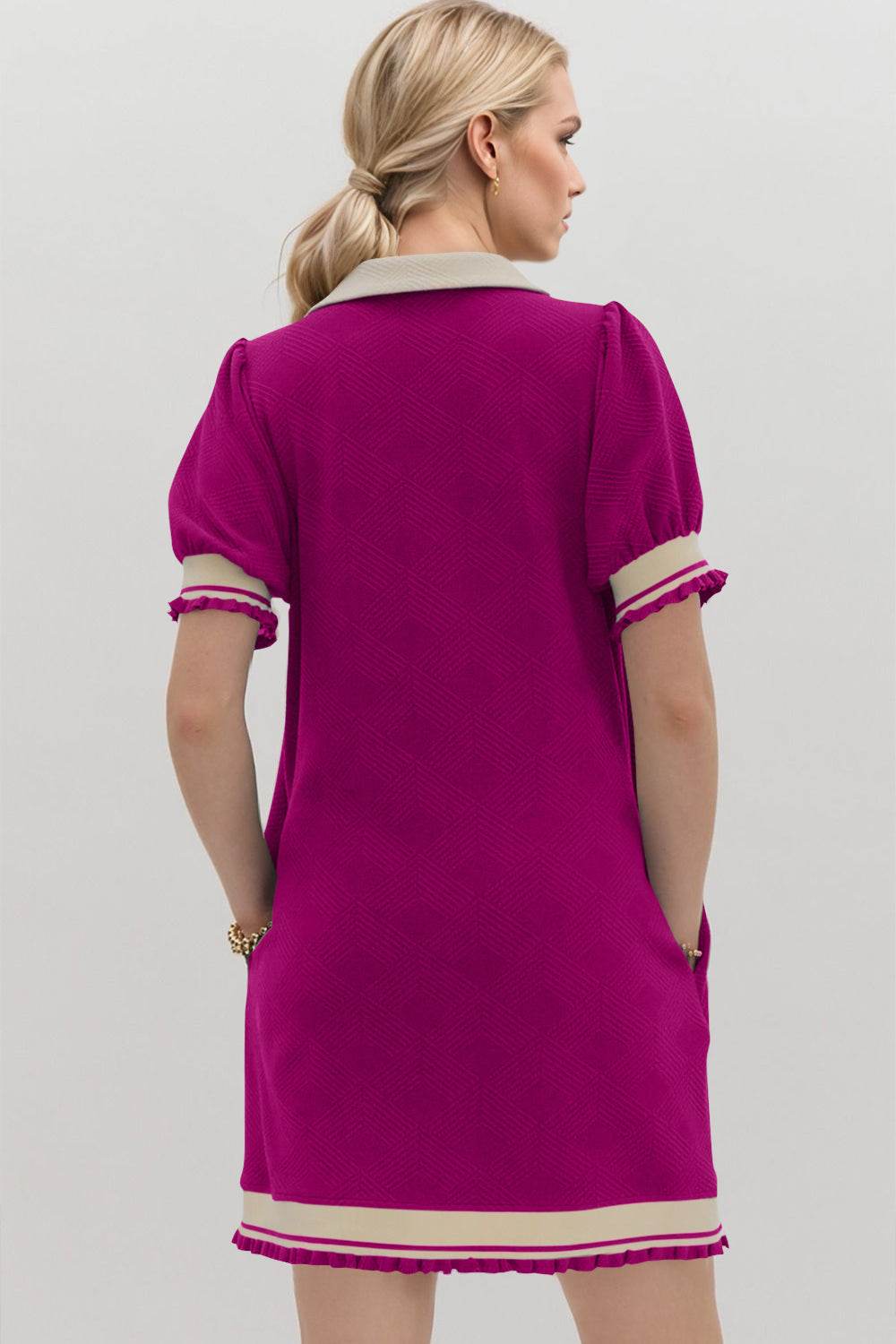 Oh Frill Contrast Trim Johnny Collar Short Sleeve Mini Dress - Hovatok