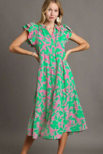 Umgee Full Size Floral Collared Ruffle Cap Sleeve Midi Dress Plus Size - Hovatok