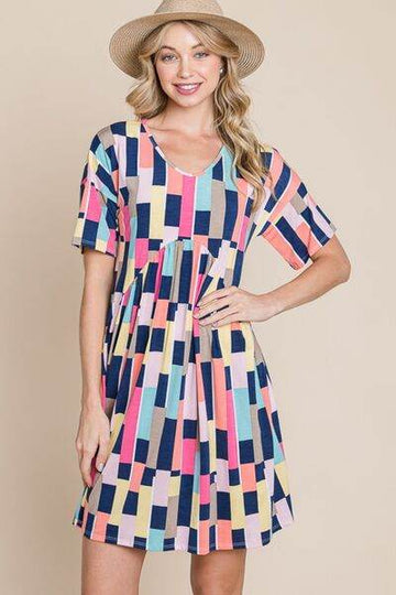 BOMBOM Ruched Color Block Short Sleeve Mini Dress - Hovatok