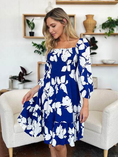Double Take Full Size Floral Ruffle Hem Smocked Dress with Pockets - Hovatok