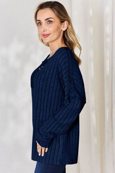 Basic Bae Full Size Ribbed Half Button Long Sleeve T-Shirt - Hovatok