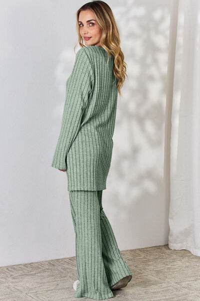 Basic Bae Full Size Ribbed High-Low Top and Wide Leg Pants Set - Hovatok