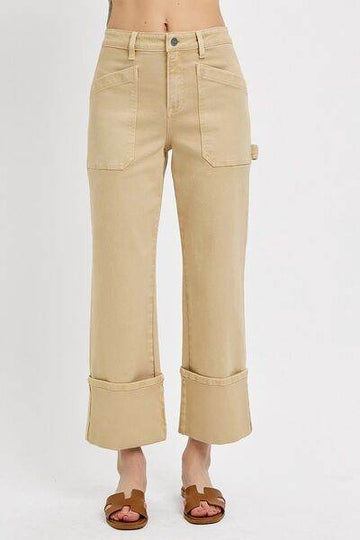 RISEN Full Size High Rise Wide Straight Cuffed Patch Jeans Plus Size - Hovatok
