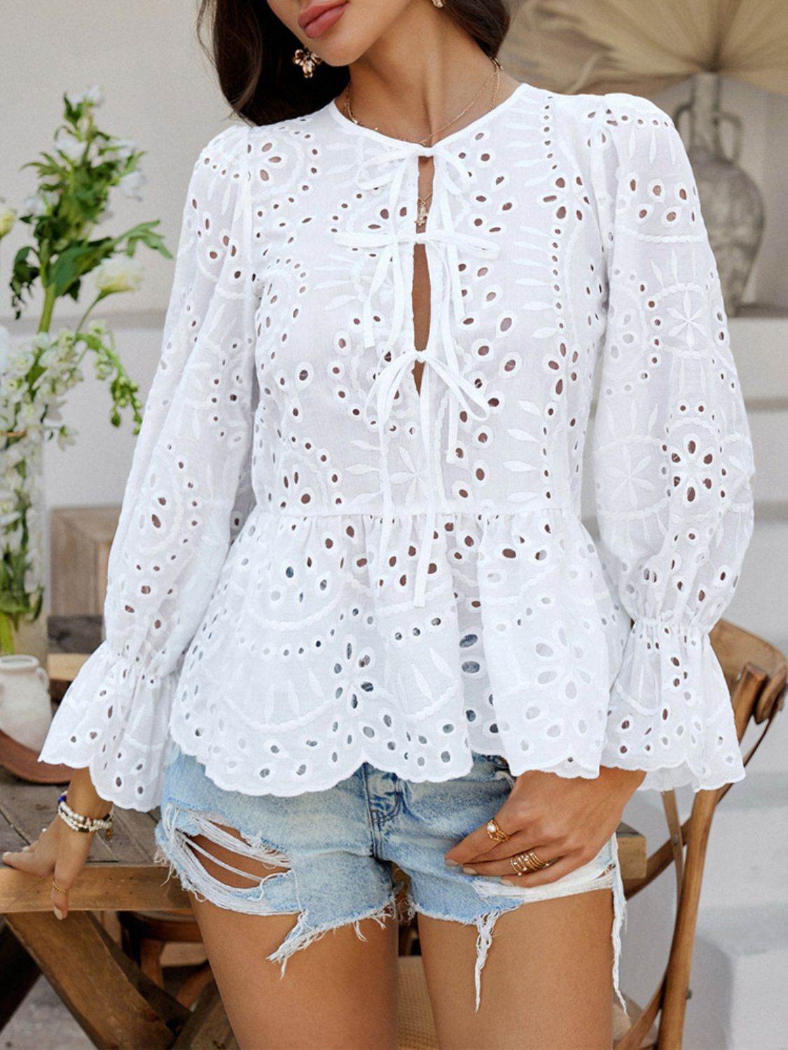 Devine Tie Front Flounce Sleeve Peplum Blouse - Hovatok