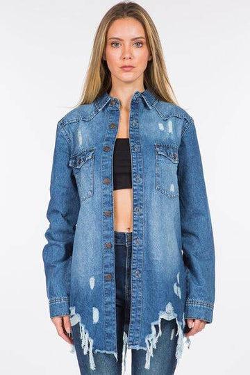 American Bazi Distressed Frayed Hem Denim Jacket - Hovatok