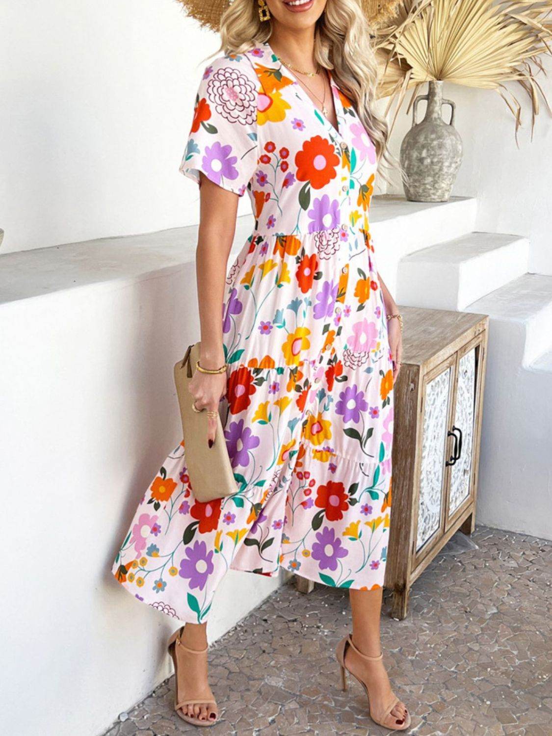 Devine Printed Johnny Collar Button Down Short Sleeve Midi Shirt Dress - Hovatok