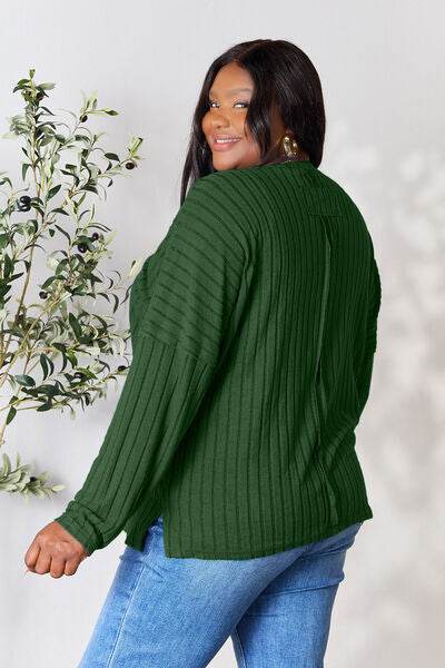 Basic Bae Full Size Ribbed Round Neck Slit Knit Top - Hovatok