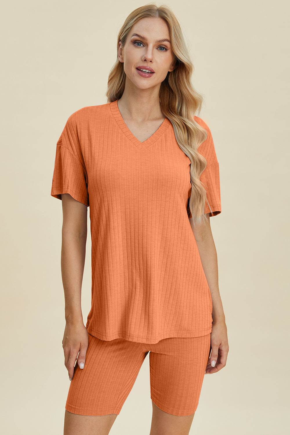 Basic Bae Full Size Ribbed V-Neck Short Sleeve Top and Shorts Set - Hovatok