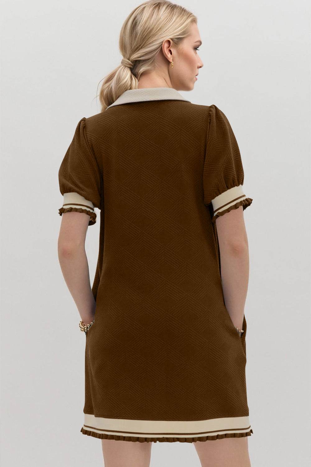 Oh Frill Contrast Trim Johnny Collar Short Sleeve Mini Dress - Hovatok