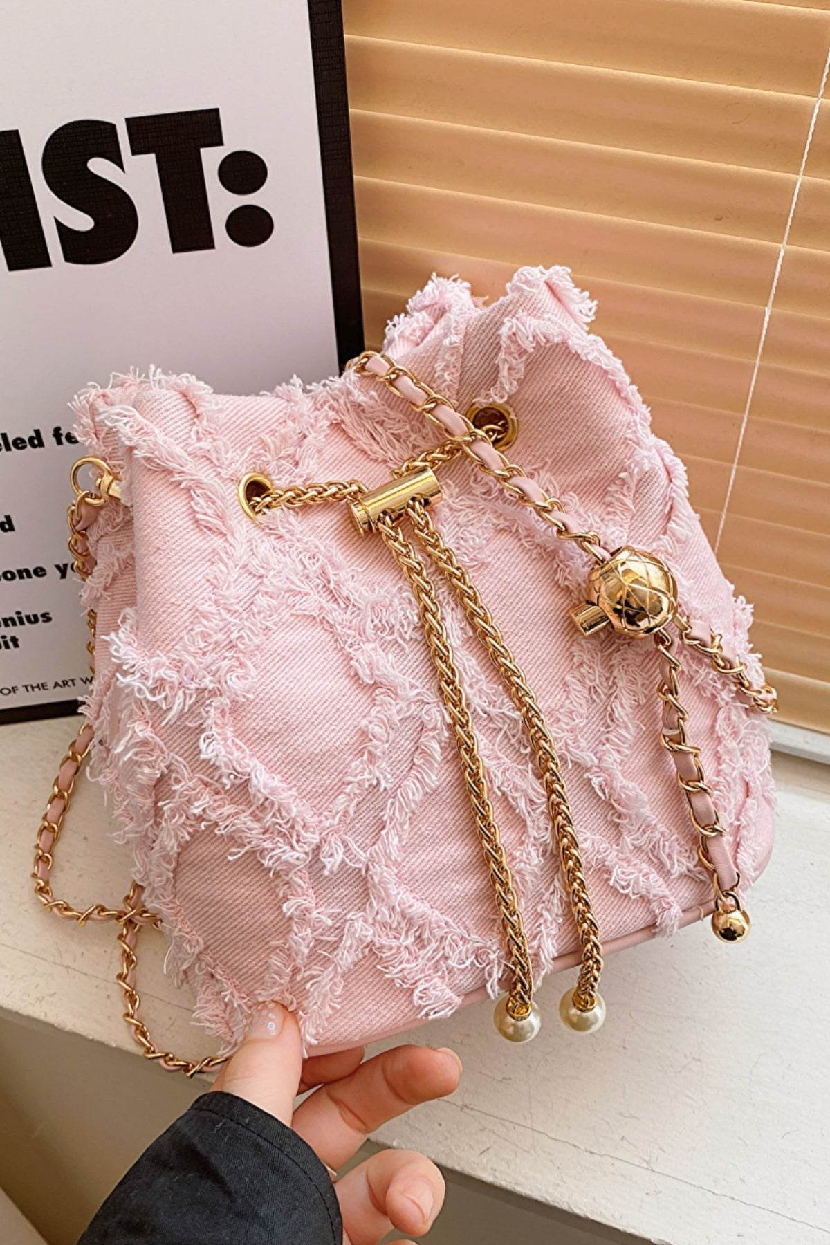 Chain Drawstring Raw Edge Denim Bucket Bag - Hovatok