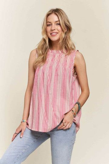 ADORA Contrast Striped Frill Round Neck Sleeveless Top - Hovatok