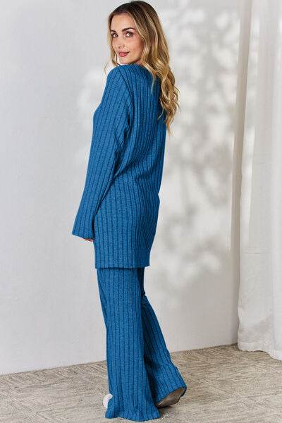 Basic Bae Full Size Ribbed High-Low Top and Wide Leg Pants Set - Hovatok