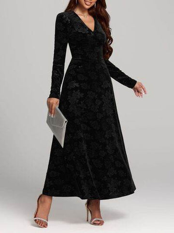 Rose Print V-Neck Long Sleeve Dress - Hovatok