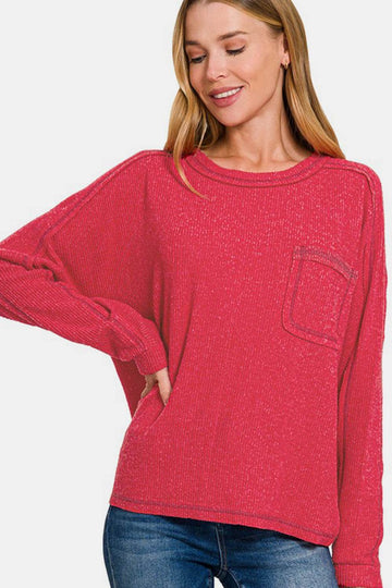 Zenana Full Size Contrast Stitching Brushed Ribbed Hacci Knit Top - Hovatok