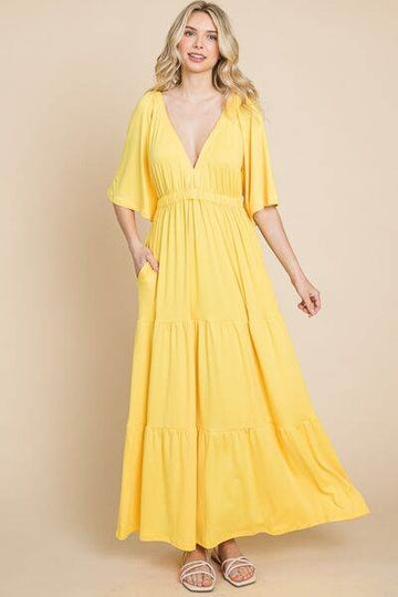 Culture Code Backless Plunge Half Sleeve Tiered Dress - Hovatok