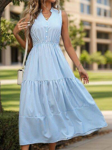 Striped Notched Sleeveless Midi Dress - Hovatok