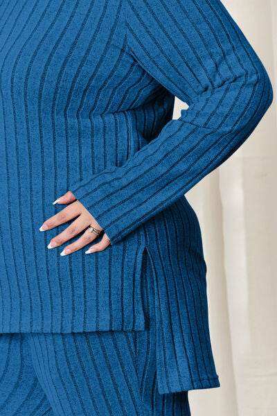 Basic Bae Full Size Ribbed High-Low Top and Wide Leg Pants Set - Hovatok