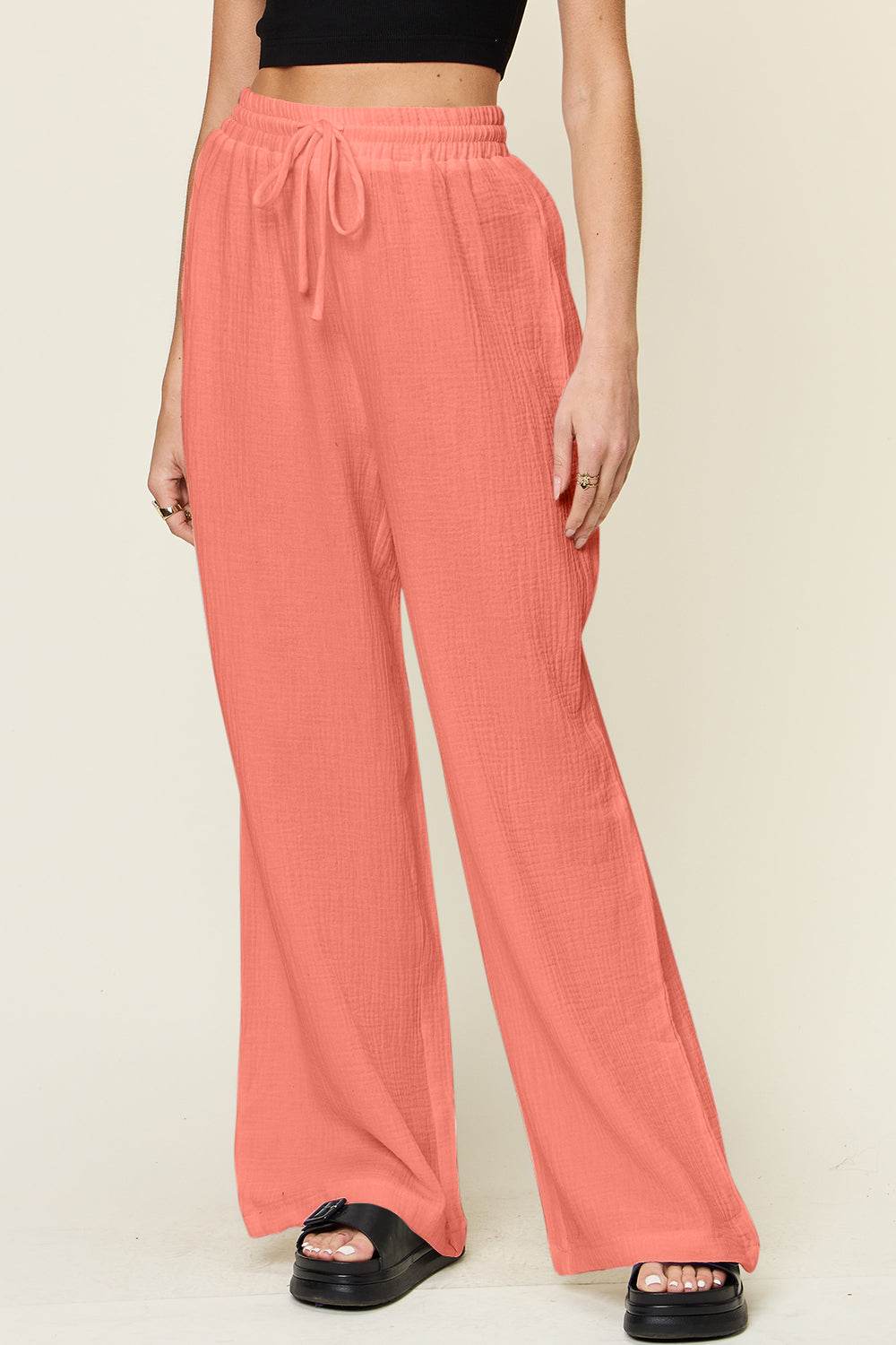 Double Take Full Size Texture Drawstring Wide Leg Pants - Hovatok