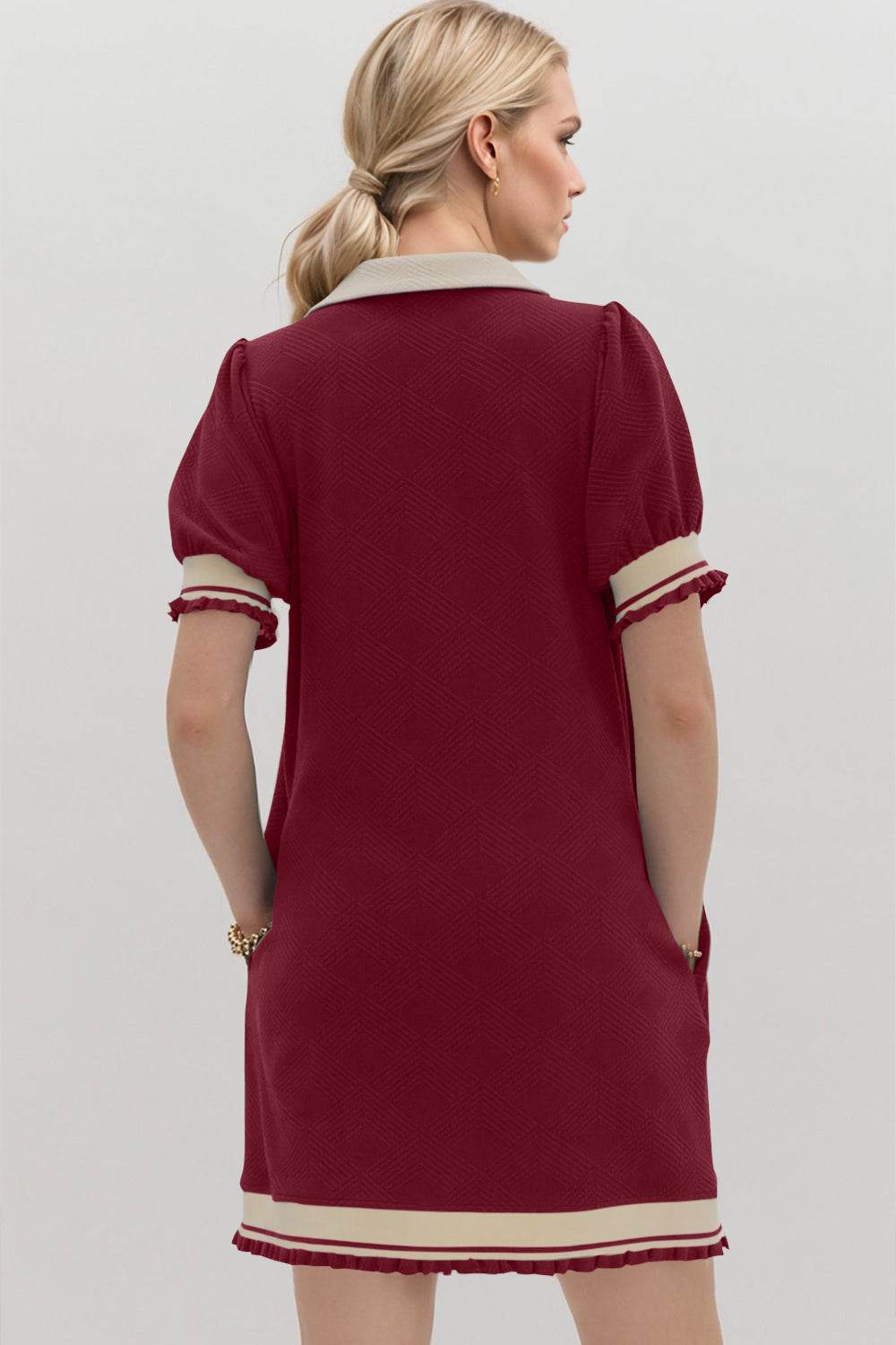 Oh Frill Contrast Trim Johnny Collar Short Sleeve Mini Dress - Hovatok