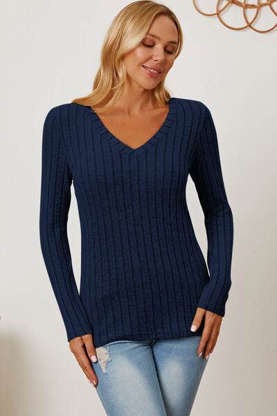 Basic Bae Full Size Ribbed V-Neck Long Sleeve T-Shirt - Hovatok