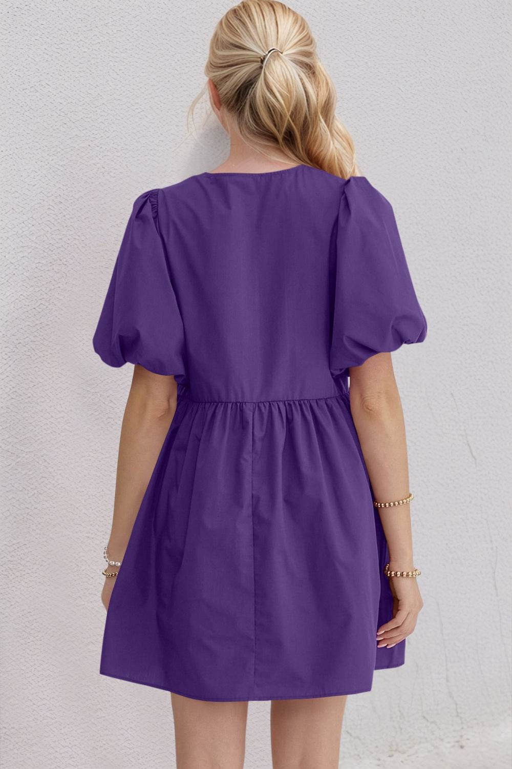 Oh Bow Ruched Puff Sleeve Mini Dress - Hovatok